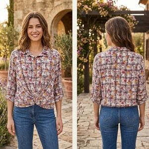 Self Esteem New Plaid Floral Knot Shirt M